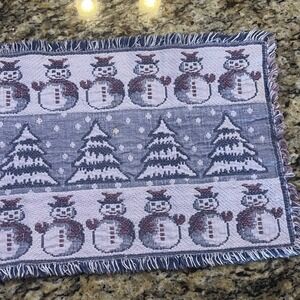 Vintage‎ Snowman Christmas Tree Woven Tapestry Table Runner Fringed Blue 61"